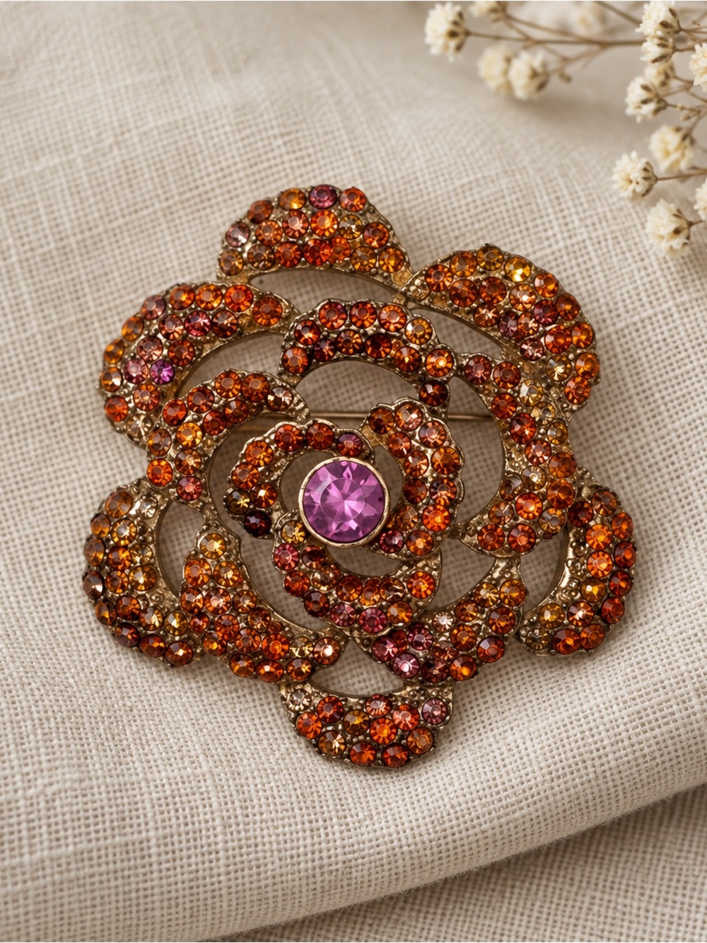 Sparkling Rose Flower Brooch Amber AB Crystal Rhinestones